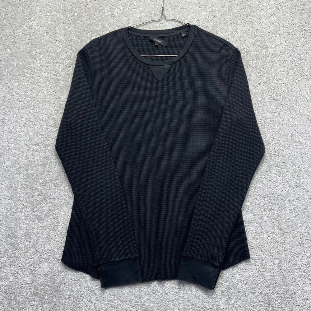Vince Thermal Shirt Mens Medium Black Waffle Knit Long Sleeve Pullover V Notch